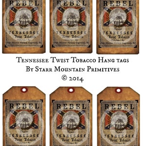 May include: Six brown paper hang tags with a vintage design. Each tag features a red, white and blue Confederate flag with a white bear in the centre. The text "REBEL" is printed in black at the top of each tag. Below the flag, the text "BRAND TENNESSEE Twist Tobacco Distributed By: Starr Mountain Farmers, Englewood, TN" is printed in black.