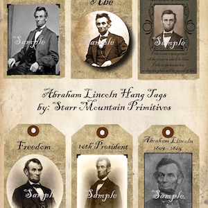 Puede incluir: Conjunto de seis etiquetas colgantes imprimibles con imágenes de Abraham Lincoln. Las etiquetas están diseñadas con una estética vintage e incluyen texto como "Honest Abe", "Abe", "Freedom", "16th President" y "Abraham Lincoln 1809-1865".