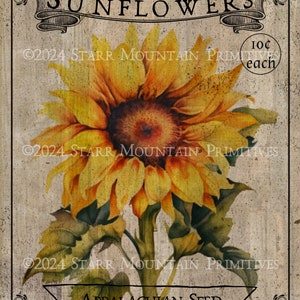 Primitive Sunflowers Seed Packet Sunflower Flowers Printable Jpeg 300 DPI Digital Image Crafts Pillow Pantry Label Hang Tag Ornament Print