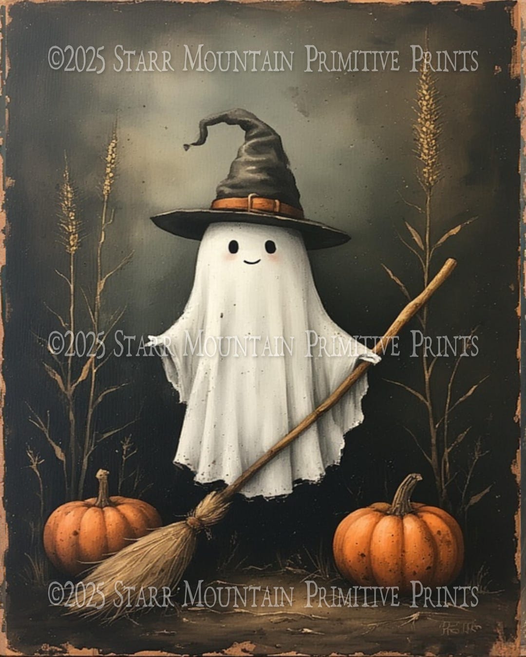 Primitive Farmhouse Ghost in a Witch Hat Pumpkins Spooky Halloween Fall ...