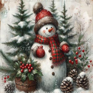 Primitive Farmhouse Snowman Christmas Snow Greenery Printable Jpeg Digital Print Decoupage Label Hang Tag Ornament Canvas Rice Paper 8x10