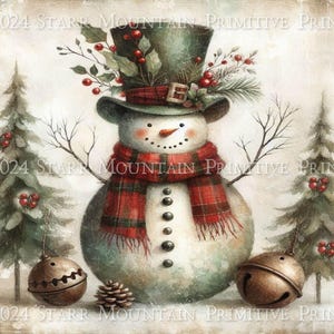 Primitive Snowman Scene Christmas Tree Farmhouse Instant Download JPEG Printable Print Sublimation Decoupage Cans Labels Tag Canvas Bells