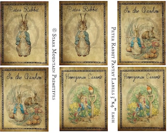 Primitive Set of 6  Vintage Peter Rabbit  3x4 inches each Jpeg Digital Printable Pantry Jar Crock Crate Box Labels