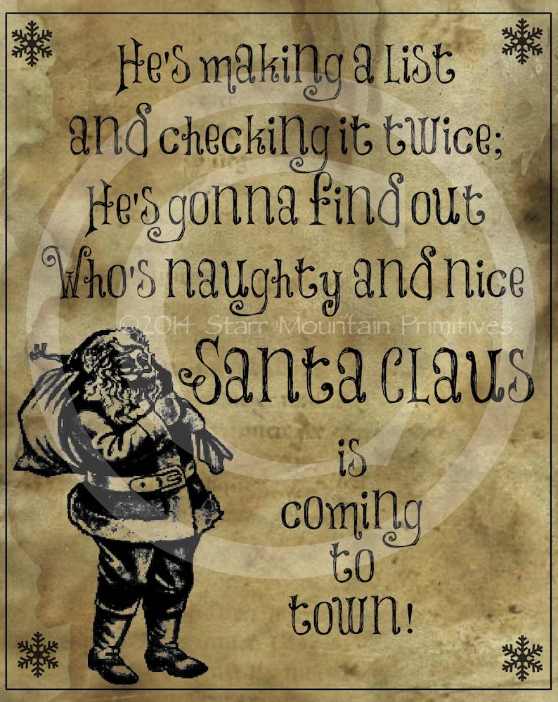 Primitive Santa Claus is Coming to Town Song Lyrics Christmas - Etsy