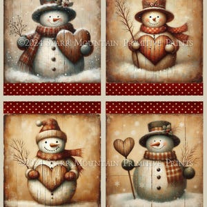 May include: Set of four 4x5 inch rustic winter snowman Valentine heart labels. Each label features a snowman holding a wooden heart. The snowmen are painted in a vintage style with brown, white, and red accents. The background is a rustic woodgrain with red polka dots.