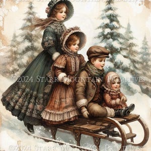 Primitive Victorian Children Sledding Sleigh Ride Printable Jpeg Digital Distressed Watercolor Print Decoupage Label Hang Tag Ornament 8x10