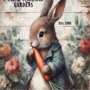 May include: A watercolor painting of Peter Rabbit, a cartoon bunny, wearing a blue jacket and holding a carrot. The background is a white brick wall with green vines and flowers.