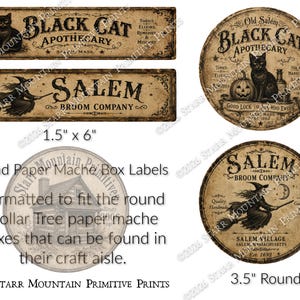 May include: A collection of vintage-style paper labels featuring two rectangular designs measuring 1.5 inches by 6 inches and two circular designs measuring 3.5 inches in diameter, all decorated with black cat, witch, and pumpkin illustrations.