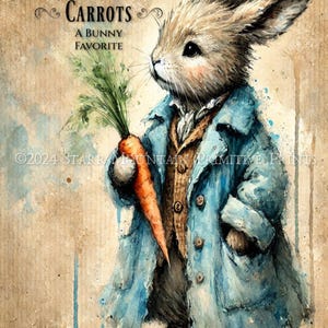 May include: A watercolor painting of a rabbit wearing a blue coat and holding a carrot. The rabbit is standing on a brown background with the text "P. Cottontail Carrots A Bunny Favorite" above it.