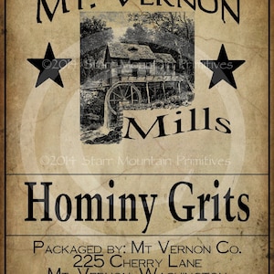 Primitive Hominy Grits Mill Jpeg Digital Image Feedsack Logo Pillow Can Crock Jar Crate Label Framed Print  Hang tags