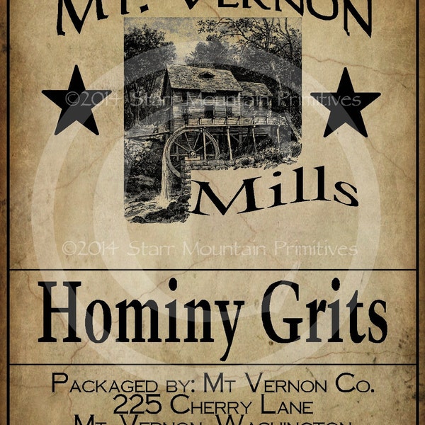 Primitive Hominy Grits Mill Jpeg Digital Image Feedsack Logo Pillow Can Crock Jar Crate Label Framed Print  Hang tags