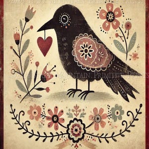 8x10 Arte popular primitiva Dia dos namorados Corvo Pássaro preto Coração Imagem digital Imprimível Decoupage Etiqueta Etiqueta Ornamento Sinal Impressão Tela Cartão