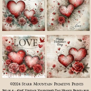 Ensemble de 4 roses et coeurs de la ferme primitive Saint-Valentin, image numérique, image numérique 4 x 4, étiquette de découpage imprimable, étiquette volante, ornement, enseigne, impression sur toile