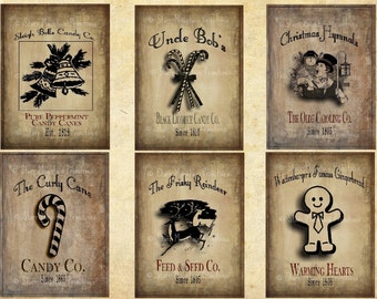 May include: Six vintage-style Christmas labels with black and white illustrations. The labels feature images of sleigh bells, candy canes, a reindeer, a gingerbread man, a carolers, and a peppermint candy cane. Each label has a company name and a slogan.