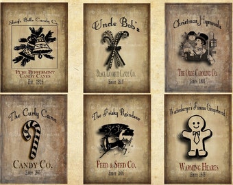 Primitive Vintage Christmas Set 6 Pantry Logo  Labels Jpeg Image Great for Pillows Boxes Crates Jars Crocks Hang tags Magnets Ornies