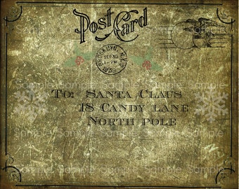 Primitive Vintage North Pole Letter to Santa Postcard  Jpeg Digital  Image Feedsack Logo for Pillows Pantry Labels Hang tags Magnets Ornies