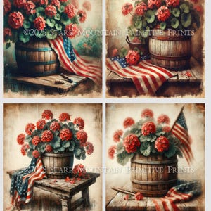 Primitive Farmhouse Patriotic Summer Americana American Flag Geraniums Flowers Printable Set of 4 4&quot;x5&quot; Jpeg Digital Image Label Hang Tag