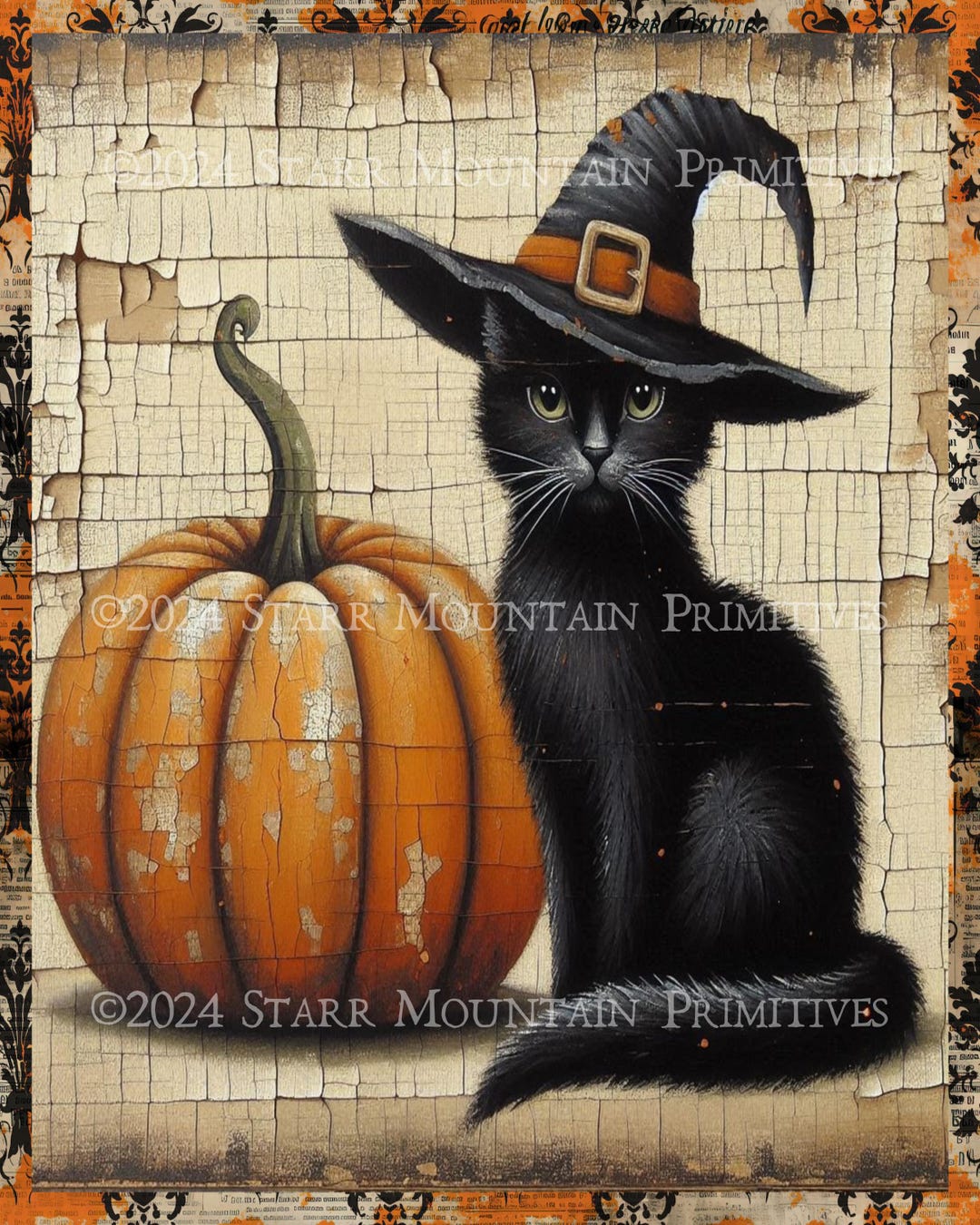 Primitive Halloween Black Cat Witch Hat Jack O Lantern Pumpkin JOL ...