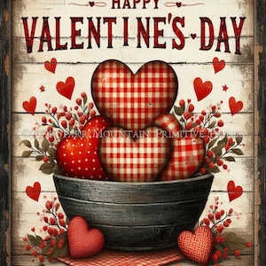 Cuenco de madera con corazones a cuadros para el día de San Valentín, estilo rústico primitivo, 8 x 10, imagen digital, etiqueta para decoupage, etiqueta colgante, adorno, letrero, impresión en lienzo