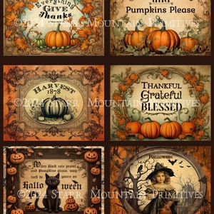 May include: Set of six vintage fall and Halloween labels featuring pumpkins, leaves, a black cat, a witch, and harvest-themed text. Each label measures 4 inches by 3 inches.