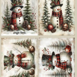 Primitive Farmhouse Winter Christmas Snowman Trees Bells Set of 4 4x5 Digital Image Printable Decoupage Label Hang Tag Ornament Sign Print