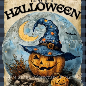 Primitive Grungy Happy Halloween Jack O Lantern Moon Witch JOL Printable Jpeg 300 DPI Digital Image Pantry Label Hang Tag Print Card Canvas