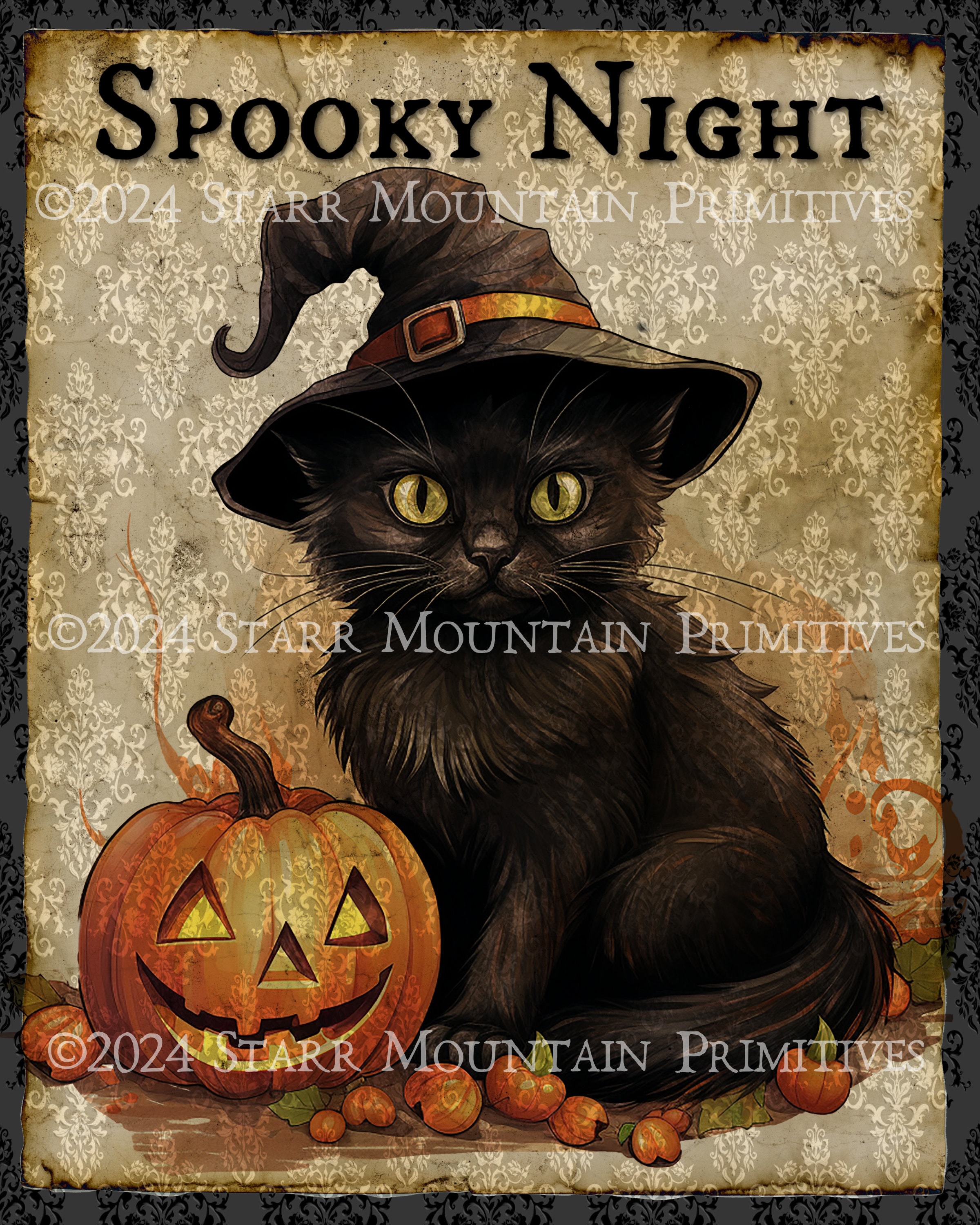 Primitive Spooky Night Halloween Witch Black Cat Jack O Lantern JOL ...