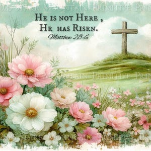 Cruz de Pascua de primavera inspiradora en la ladera Mateo 28:6 "Ha resucitado", versículo bíblico, etiqueta para colgar, impresión digital, decoupage, 10 x 8