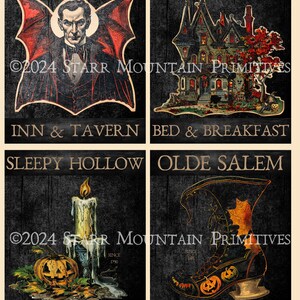 Può includere: Set di quattro etichette per cartelli di taverna di Halloween stampabili. Ogni etichetta presenta una scena spettrale diversa, tra cui un vampiro, una casa infestata, una candela e uno stivale. Le etichette misurano 4 pollici per 5 pollici e sono perfette per aggiungere un tocco di fascino di Halloween alla tua casa.