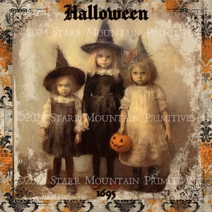 Ancienne ferme vintage damassé Halloween sorcière filles Jack O Lantern imprimable Jpeg 300 DPI image numérique étiquette étiquette volante 8 x 8 impression toile