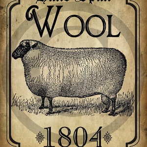 May include: Vintage style illustration of a sheep with the text "Hand Spun Wool 1804" on a brown background.