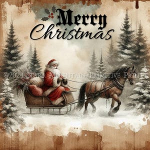 Primitive Farmhouse Grungy Old World Santa Claus Christmas Horse Sleigh Printable 8x10 Jpeg Digital Print Decoupage Label Tag Ornament Card