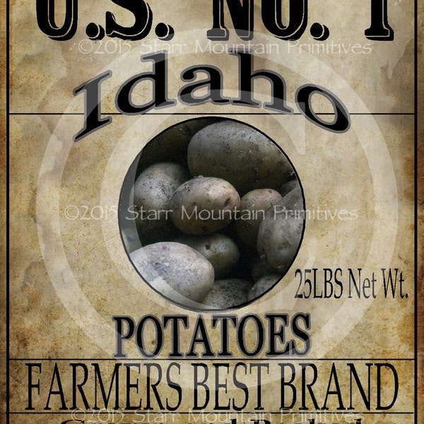 Primitive Idaho Potato Potatoes Label Jpeg Digital  Image Feedsack Logo for Burlap Sack Pillows Labels Hang tags Magnets Ornies