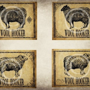 May include: Four vintage-style labels with a black and white illustration of a sheep and the text "Wool Hooker" on each label.