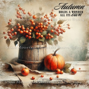 Primitive Bauernhaus Bittersüße Beeren Holz Firkin Kürbisse Verwittert Printable Jpeg Digital Print Etikett Hang Tag Ornament Decoupage 200x200