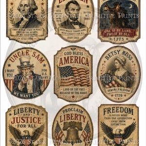 May include: A set of nine vintage-style patriotic labels featuring historical figures and symbols. The labels include portraits of George Washington, Abraham Lincoln, and Paul Revere, along with images of the American flag, the Liberty Bell, and an eagle. Each label has text.