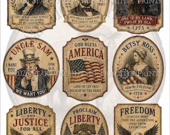 Etiquetas imprimibles de estilo colonial patriótico primitivo de Washington, Betsy Ross, el tío Sam y Paul Revere, Estados Unidos. Juego de 9 etiquetas. Etiquetas digitales JPEG para impresión.