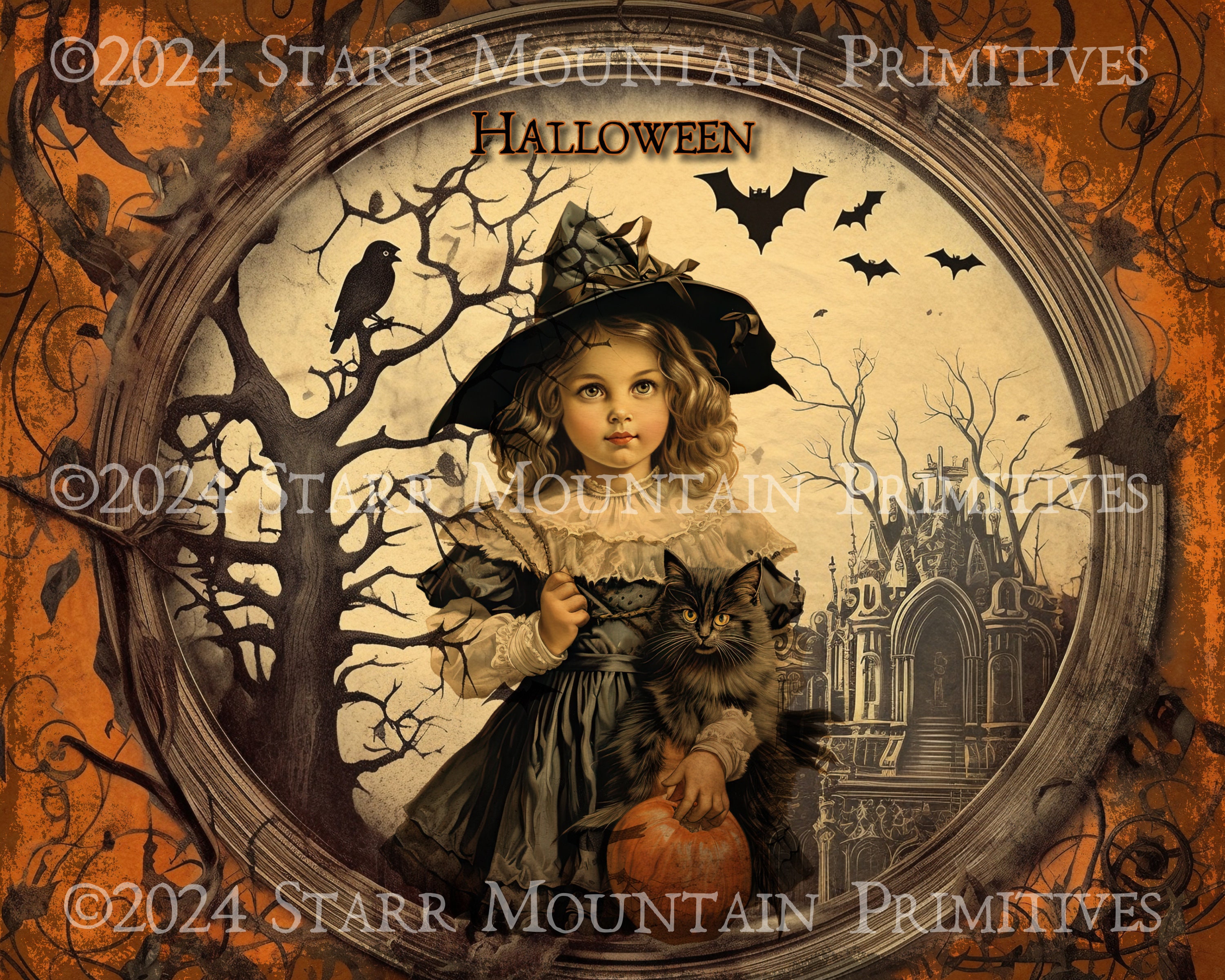 Primitive Spooky Halloween Witch Black Cat Crow Haunted House JOL 8x10 Printable Jpeg 300 DPI Digital Image Pantry Label Hang Tag Print