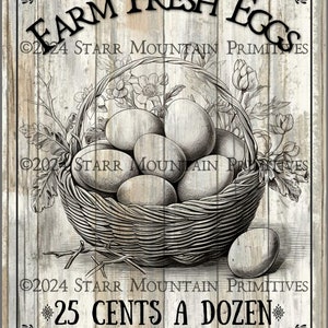 Primitive Vintage Farm Fresh Eggs Farmhouse Printable Jpeg 300 DPI Digital Image Pillow Pantry Label Hang tag Magnet Ornament