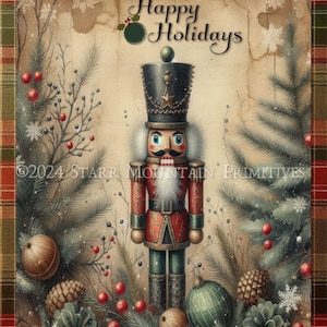 Quebra-nozes de Natal vintage primitivo, folhagens, azevinho, bagas, impressão digital, jpeg, decoupage, etiqueta, etiqueta pendurada, ornamento, tela, 8x10