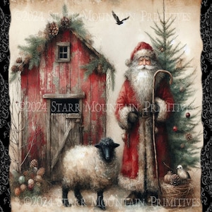 Fazenda primitiva Grungy Velho Mundo Papai Noel Natal Ovelhas Celeiro Imprimível 8x10 Jpeg Impressão Digital Decoupage Etiqueta Etiqueta Ornamento Cartão