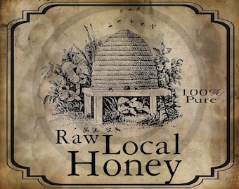 May include: A vintage-style label with a black and white illustration of a beehive with flowers and bees. The text on the label reads "100% Pure Raw Local Honey".