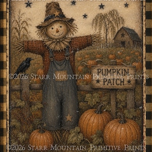 May include: A decorative print featuring a scarecrow in a hat and overalls standing in a pumpkin patch with a black crow, a wooden sign reading PUMPKIN PATCH, a barn, and stars, all framed by a black and tan checkered border with copyright text.
