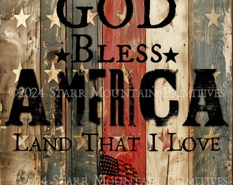 Primitieve patriottische koloniale Amerikaanse vlag God zegene Amerika afdrukbare Jpeg 300 DPI digitale afbeelding kussen Pantry Label Hang Tag Print Canvas