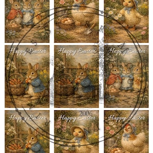 May include: Nine vintage-style Easter cards with the text "Happy Easter." The cards feature illustrations of rabbits, chicks, and a hen, all in a rural setting. Some cards include baskets of eggs or carrots. One card reads "SINCE 2006."