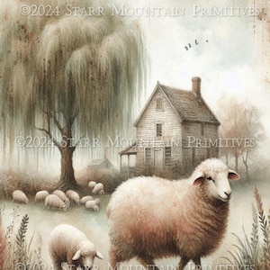 May include: A watercolor painting of a white farmhouse with a weeping willow tree in the foreground. There are sheep grazing in the field, including a large sheep in the foreground. The painting has a vintage, rustic feel.