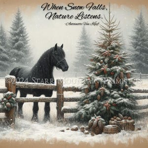 Black Horse Snow Nature Winter Scene Saying Christmas Tree Fence Printable Jpeg 300 DPI Digital Image Pillow Label Hang Tag Ornament Magnet
