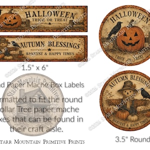 May include: A collection of rectangular and circular paper labels featuring Halloween and autumn themes with pumpkins, scarecrows, and crows. The rectangular labels measure 1.5 inches by 6 inches, and the circular labels measure 3.5 inches in diameter. Text includes Halloween Trick or Treat and Autumn Blessings Harvest & Happy Times.