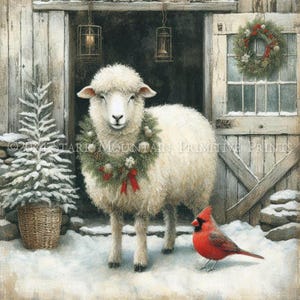 Primitive Farmhaus Weihnachten Schaf in Scheune Kranz Kardinal Printable 8x10 Jpeg Digitaldruck Decoupage Label Hang Tag Ornament Karte Leinwand