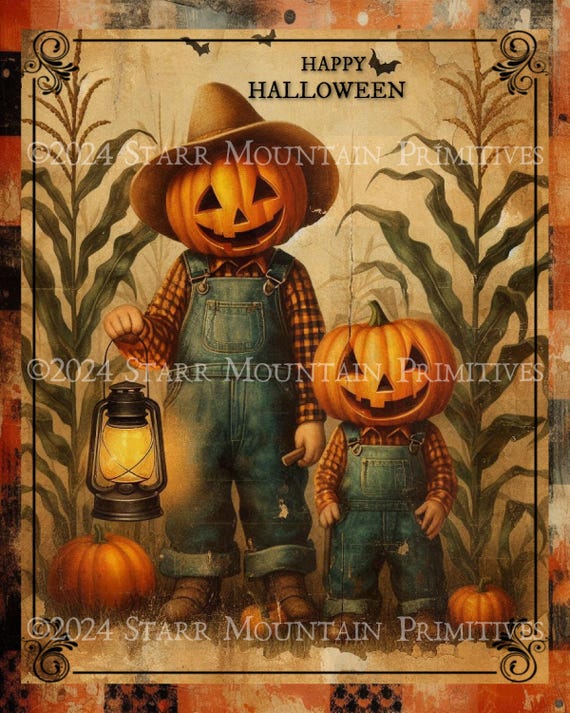 Primitive Halloween Jack O Lantern Pumpkin Head Farmer